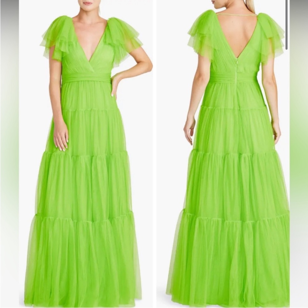ISO Monique Lhuillier Halcyon Green Tulle Flutter Sleeve Tiered Maxi Dress